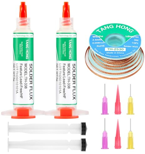 TANG HONG TH-338 Flussmittel Löten,5ML No-Clean Bleifreies Kolophonium Flussmittel (2 Stück) 2.5MM/3M Entlötlitze (1 Stück) Geeignet Für Handy-Lötungen,BGA,Haushaltsgerätereparaturen