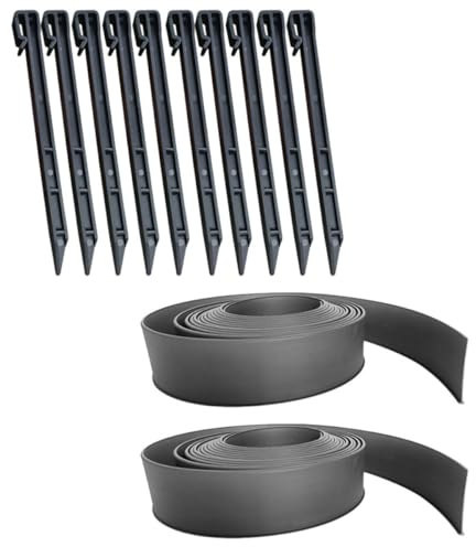 Veemoon Bordure Paysagère Enroulée en PE Noire 1 Mètre X 2 Rouleaux avec 10 Piquets de Fixation pour Jardin, Barrière Flexible Résistante aux UV, pour Pelouse, Parterres et Aménagement