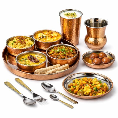Traditional Indian Stainless Steel & Copper Hammered Dinner Set, 13 Pieces, Includes Thali, Side Plate, Bowls, Tumblers, Spoons, Fork, Handmade Indian Crockery Set