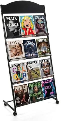 YUZINO Magazine Rack with Wheels, 4 Tier Floor Standing, Brochure/Literature/Book Display, Magazine Stand for Office, Trade Show, Exhibitions 70×36×140cm (Black)