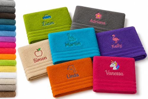Pet-Jos Personalisierte Handtuch oder Badetuch oder Gästetuch/Kinderhandtuch mit Namen & Motiv Bestickt, Schön gestickter Name Handtuch, viele Farben und Motive (Handtuch 50x100cm)
