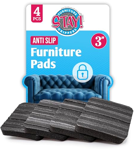 Stay! Anti Slip Furniture Pads (Set of 4) - Square Furniture Stoppers to Prevent Sliding for Hardwood Floors and Carpets - Non Skid Furniture Grippers - Table & Couch Leg Floor Protectors, 3 Inch