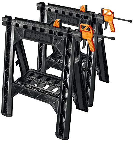 WORX Clamping Sawhorse Pair with Bar Clamps, Built-in Shelf and Cord Hooks – WX065