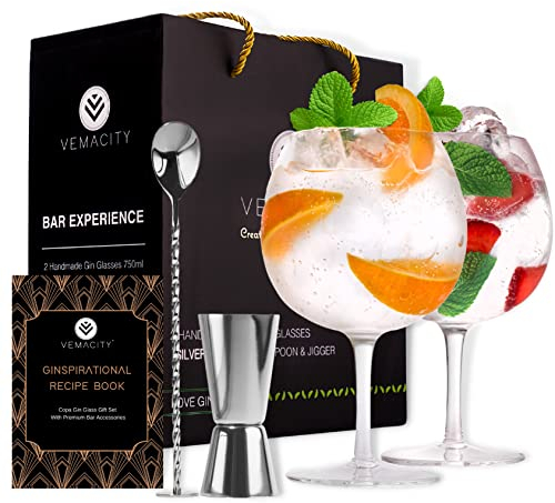 VEMACITY Set Bicchieri Gin Tonic Classico | 2 Bicchieri a Palloncino (550ml) | Cucchiaio Bar e Misurino in Argento | Kit Gin Tonic Regalo | Bicchiere per Aperol Spritz | Ideale per Natale e Capodanno