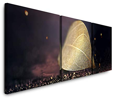 EAUZONE GmbH Goldenes Blatt 220 x 70cm - 3 Bilder je 70x70cm Bild XXL Panorama Deko Wandbilder auf Leinwand