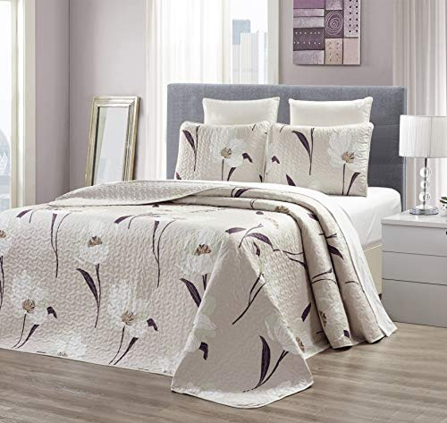 GrandLinen 3-Piece Fine Printed Oversize (100 X 95) Quilt Set Reversible Bedspread Coverlet Queen Size Bed Cover (Taupe, Brown, White Tulip Floral)