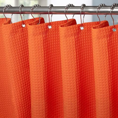 VANZAVANZU Schmaler Waffel Duschvorhang 92 x 182 cm mit Metall Duschvorhangringe Schwerer Stoff Textil Badewannenvorhang Anti Schimmel Bad Vorhang Wasserdicht Badezimmer Vorhang - Orange