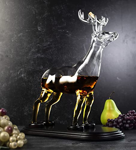 Stag Antler Crystal Decanter - Elegant Stag/Reindeer Liquor Decanter by The Wine Savant - Luxury Decanter for Bourbon, Scotch, or Whiskey 750ml Perfect For Any Bar, Hunter's Gift Hunting Enthusiasts