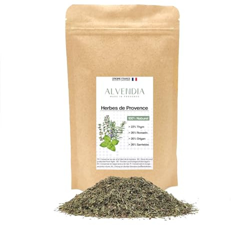 ALVENDIA - Véritables Herbes de Provence - Idéales pour la Cuisine - Thym, Romarin, Origan et Sarriette - Cultivée en Provence - Paquet de 100 Grammes