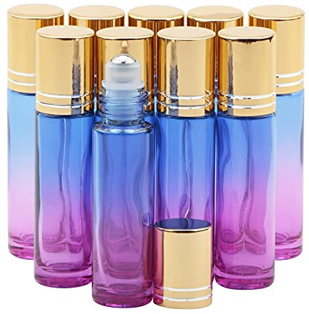 Rowiz 10 st eteriska oljor rullar på flaskor, 10 ml påfyllningsbara tomma glasflaskor med gyllene lock, perfekt för hemlagad parfym doft aromaterapioljor, blå lila gradient