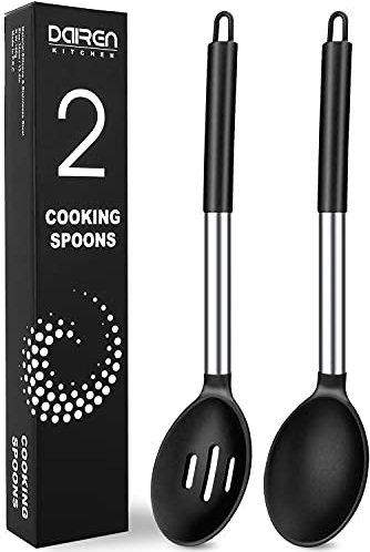 Silicone Serving Spoons, 2 Pack Solid & Slotted Spoon Set, Non-Stick BPA Free Heat-Resistant Kitchen Utensils, Plastic Cooking Spoons for Soup, Serving, Draining, Stirring (Black)