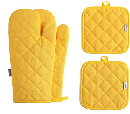 Juego de 4 manoplas de horno y soportes para ollas, resistentes al calor, 500 grados, extra gruesos, guantes largos de cocina de algodón para cocinar (12 pulgadas, amarillo)