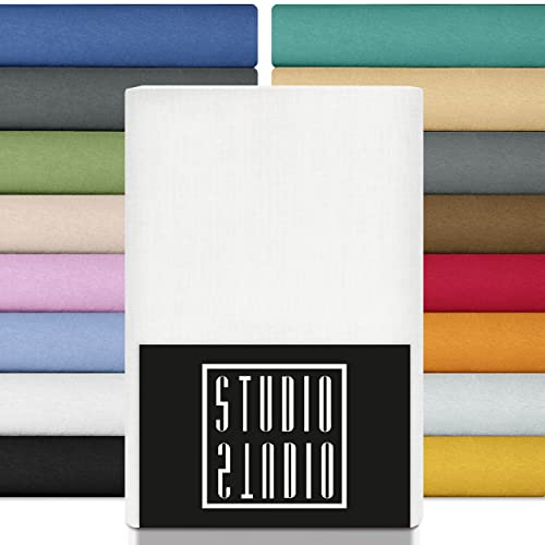 STUDIO Premium Spannbettlaken 140x200cm, 140x220cm, 160x200cm & 160x220cm – Jersey-Spannbetttuch aus 97 % Baumwolle & 3 % Elastan – Weiß – Öko-Tex Zertifiziert, bügelfrei – für Matratzen 15–35cm
