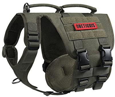 OneTigris Hundegeschirr, Gladiator Einstellbar Sicherheitsgeschirr für Große Mittlere Hunde No Pull Brustgeschirr Atmungsaktiv Hundeharness 2 Griffe Hundeweste mit Metallschnallen Grün-S