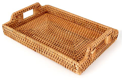 Plateau de service rectangulaire en rotin naturel avec poignées découpées, tissé à la main, pour petit déjeuner, boissons, collation, fruits, table basse, décoration d'intérieur, 33 x 22,9 x 4,1 cm