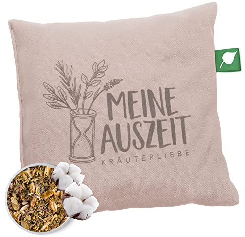 Herbalind Kräuterkissen Meine Auszeit Taupe 20x20 cm - Erkältungskissen mit Füllung ohne Chemie - Deko Kissen Bezug 100% Baumwolle, als Hausmittel bei Erkältung, Duftkissen, Aromakissen, weiß