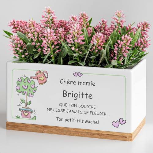 Maverton Pot de Fleur personnalisé avec Soucoupe en Bambou | Souvenir pour Femmes, pour Anniversaire, jardinière décorative avec Impression, Pot Plante en céramique, pour Elle, Mamie