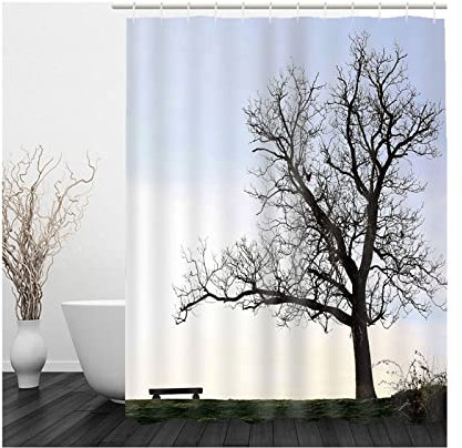 Whoiy Shower Curtain Black, Duschrollo Um Die Ecke 180X200cm Polyester Bath Curtains Toter Baum Weiß Blau für Outdoor Hotel
