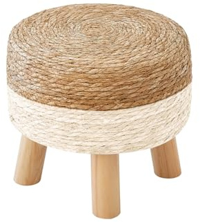 ALeesing Round Ottoman, Natural Seagrass Footstool with 4 Wood Legs, Multifunctional Modern Dressing Stool and Sofa Side Table for Bedroom (White)
