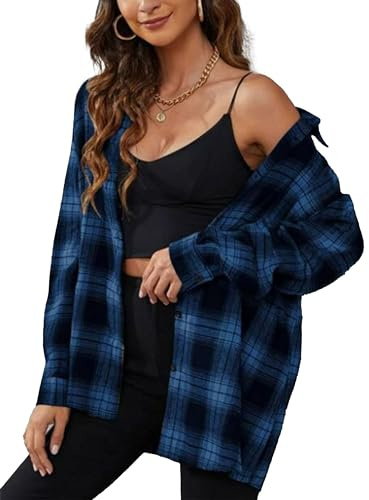 Agoeast Womens Oversized Button Down Plaid Flannel Shirts Casual Long Sleeve Checked Blouse Top(0068-BlueBlack-M)