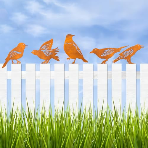 Rostiges Vögel Deko Rost - 5 Edelrost Metall Stecker Gartendeko Rostoptik Mit Schraubgewinde, Baumstecker für Holz Zaunfiguren (Eiserner Vogel)