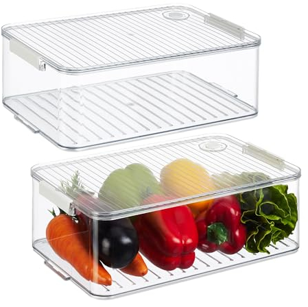 Relaxdays Organizador Nevera, Set de 2, Almacenaje de Alimentos, Caja para Frigorífico, 10,5 x 21 x 33 cm, Transparente