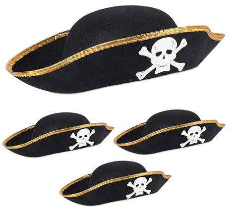 Relaxdays Pack 4 Sombreros Pirata, Gorros Corsario para Disfraz, Halloween, Fiestas, Contorno de 58 cm, Unisex, Negro