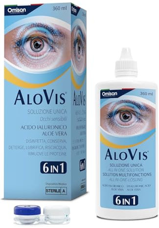 Alovis Unica 6 in 1 - Disinfetta, Conserva, Deterge, Lubrifica, Risciacqua, Rimuove le Proteine. Soluzione per Lenti a Contatto morbide con Acido ialuronico - 360 ml + Portalenti incluso