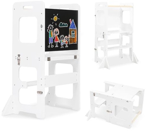 Torre de pie para niños pequeños, torre de aprendizaje 4 en 1, taburete de madera auxiliar con pizarra Montessori y Waldorf ayudante para niños en la cocina, taburete de madera con mesa de escritorio