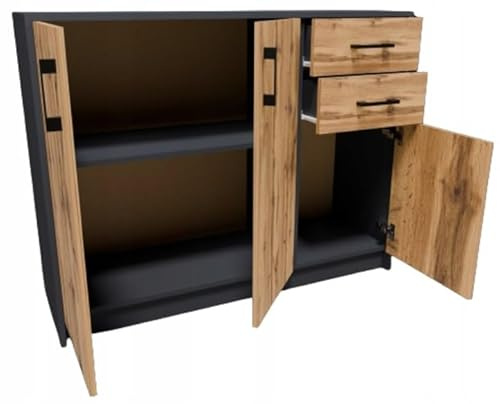 MATKAM Schlafzimmer Kommode mit Schubladen und Türen - Sideboard Wohnzimmer H:85xB:110xT:35 cm - Komode mit 2 Schubladen und 3 Türen - Komodenschrank für Schlafzimmer - Anthrazit/Eiche