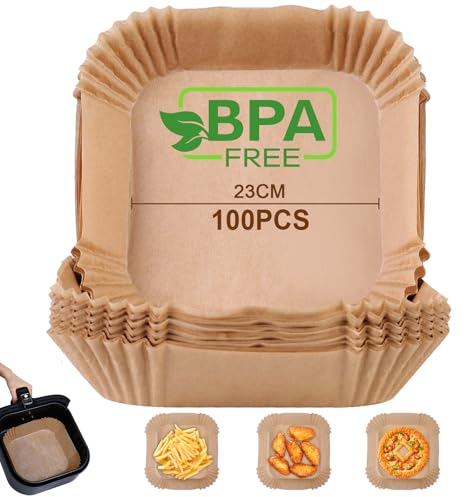 AiQInu Carta Forno per Friggitrice ad Aria,100 Pezzi 23 cm Carta Pergamena Quadrata Food-Grade BPA Free, Antiaderente Carta per Friggitrice ad Aria Facile da Pulire per 3-8L Friggitrice ad Aria