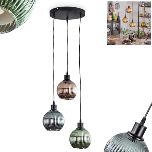HOFSTEIN Hängeleuchte Mo, 3-flammige Hängelampe aus MetallRiffelglas in Schwarz/Grün/Blau/Kupferfarben, moderne Pendelleuchte im Vintage-Design, Höhe max. 119 cm, E27, Esszimmer, Küche, Wohnzimmer