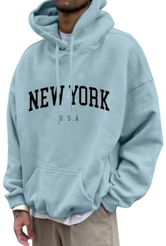 Herren Damen Hoodie Pullover Mit Kapuze Casual Brief Print Sweatshirt Männer Oversize Langarm Kapuzenpullover Locker Kapuzenpulli College Hoodie Mit Taschen & Kordel Langarmshirt (Sky Blue,M)