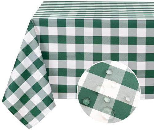 DWCN Karierte Tischdecke Abwaschbar Outdoor Wetterfest Wachstischdecke Fleckschutz Wasserdicht Garten Tischdecken für Weihnachten Draußen Esszimmer Party Hochzeiten Frühling, Grün und Weiß, 110x140cm
