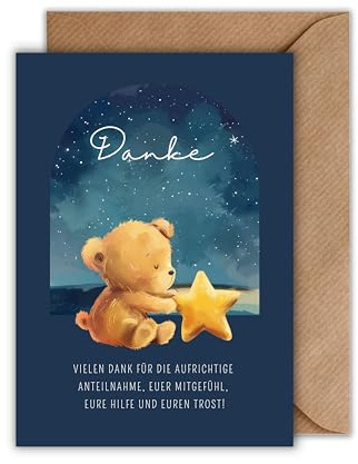 WBdesignz 10x Danksagungskarten Sternkind mit Umschlag - Teddybär mit Stern Danksagung Trauerkarte Kindestot Danksagungskarte Trauer Kind Kondolenzkarten Niedlicher Trauer Text (DIN A6)