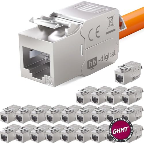 hb-digital 24 prese modulari CAT 6a Keystone RJ45 per cavo LAN, certificato GHMT, da 10 Gbps fino a 500 MHz AWG 22-24 senza attrezzi LSA completamente schermato, presa di montaggio STP per pannello