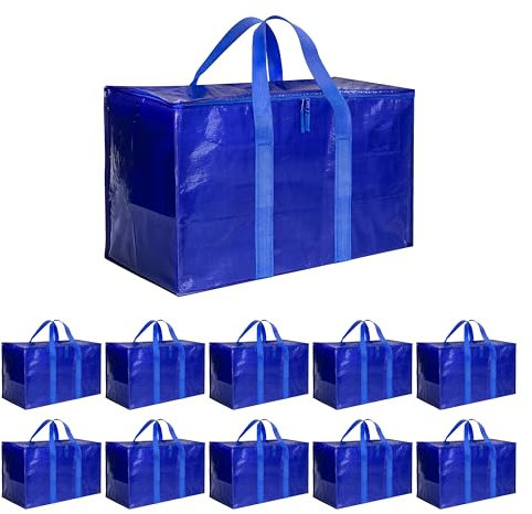 Simple Deluxe Umzugstaschen, robuste Aufbewahrungsbeutel mit Deckel, stabile Griffe und Reißverschluss, Umzugskartons, extra groß, für Kleidung, Umzugsbedarf, Blau, 10 Stück