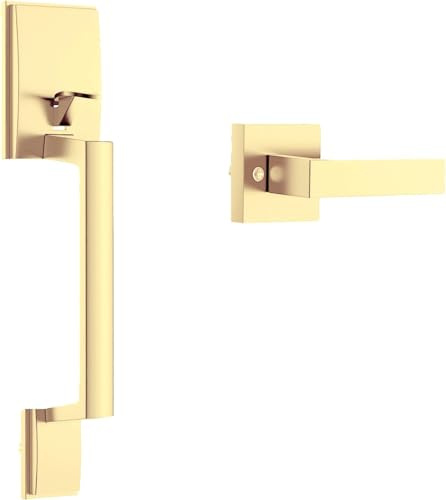 Migade Front Door Handle Entry Door Lock Handle Set for Left or Right Handed Doors Reversible Interior Exterior Single Cylinder Lower Half Adjustable Lever Bright Brass Non-Locking (Gold)