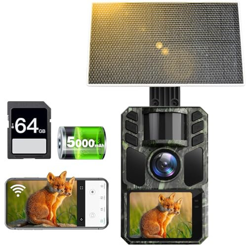FKPCAM Trail Camera 4K 64MP Solare WiFi Gioco Caccia Fotocamera con Visione Notturna - Batteria integrata da 5000mAh, IP67 Impermeabile, Motion Activated, Scheda di Memoria 64GB