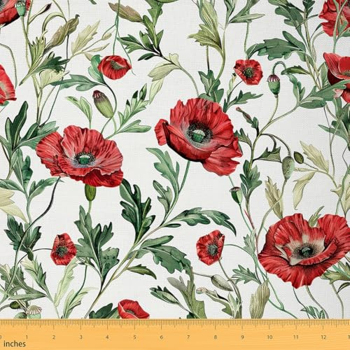 Loussiesd Kinder Mohn Blume Stoff Meterware 92x150cm Federn Floral Blume Dekorative Natur Garten Wasserdichter Stoff für Stühle Outdoor