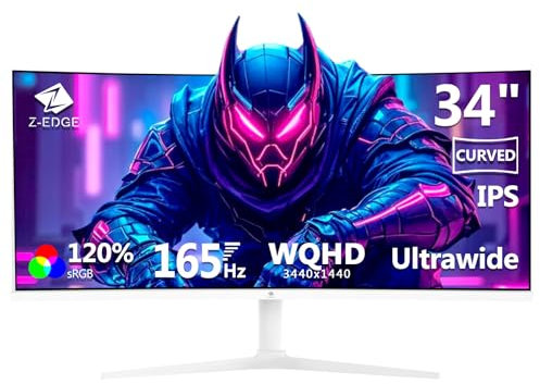 Z-Edge Monitor Curvo 34 Pulgadas Gaming Blanco PC, 3440x1440, IPS, 165Hz(DP), 1ms, 21:9 Pantalla Ultrawide, Ajustable en Altura/Vertical/Horizontal/Rotativo, 100Hz (HDMI), FreeSync, VESA