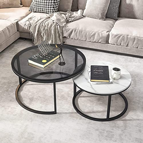 ZHENCHAO Moderner Couchtisch für das Wohnzimmer, Satztische, 2er-Set, großer runder Couchtisch aus gehärtetem Glas, Schieferplatte, Kleiner runder Sofatisch für das Wohnzimmer, stapelbare S