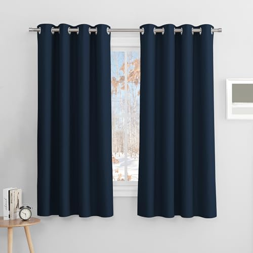 PONY DANCE Thermovorhang Kälteschutz Ösenvorhang 2er Set H 160 x B 140 cm Verdunklungsvorhänge Dunkelblau Blickdichte Gardinen für Kleine Fenster Thermal Blackout Curtains