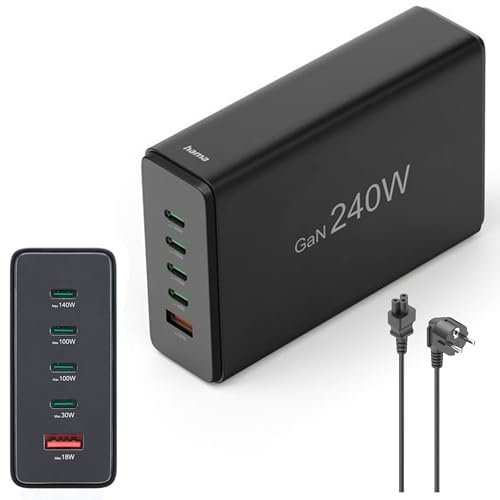 Hama 5-Fach USB GaN Ladestation, USB-C PD/USB A, Schnellladegerät 240W | Mehrfach USB Ladestation schwarz, Schnell-Ladegerät, Multiport Charger mit Kabel, für MacBook/Laptop, iPhone, Samsung etc.