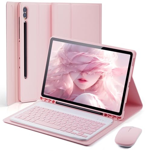 Cover Per Samsung Galaxy Tab S10+ Plus / S9+ Plus / S9 FE+ Plus / S8+ Plus / S7 FE / S7+ Plus 12.4 Pollici con Tastiera Essere Caricata Keyboard Bluetooth Mouse Coperchio Protettivo Case Rosa