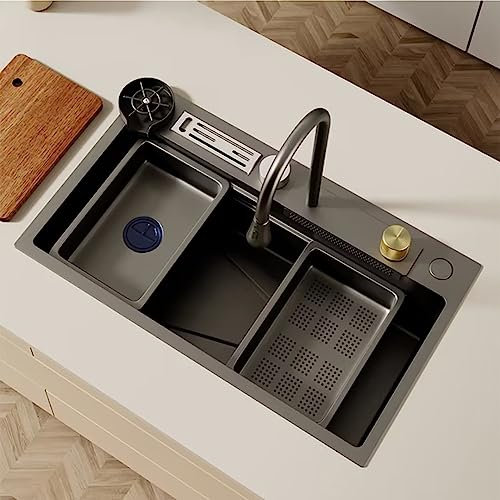 CWCQGH Évier de Cuisine en Acier Inoxydable 304, évier de Cuisine à évier Simple avec Lave-Vaisselle et éviers à Lave-gobelets, Installation encastrée ou sous Plan(75cm Black)