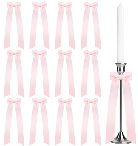 12 rosa Kerzenhalter mit dekorativen Schleifen. Kerzendekoration mit Schleife, Kerzenhalter mit Schleife, Tischdekoration mit Schleife, Geschenkdekor aus Bändern. Rosa Kerzenständer, geeignet für