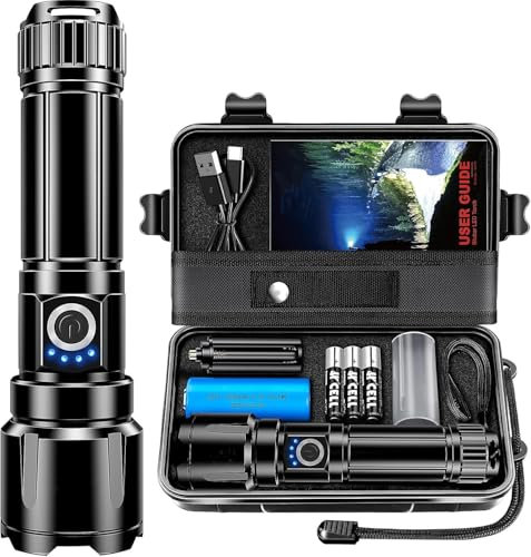 Akdomart Torcia LED Potente Professionale 500000 Lumen, Torcia LED Ricaricabile con Batteria da 5000mAh, Zoomable 5 Modalità Torcia Militare, IP67 Impermeabile Torcia Tattica AK-01 (nero)