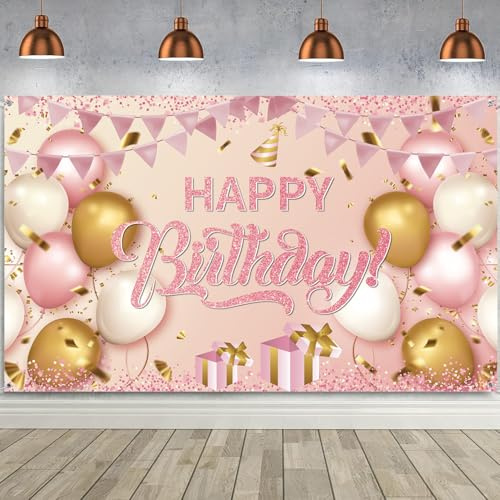 Happy Birthday Banner Decorations, Rose Gold Party Backdrop Banner Party Background Decor Photography Poster for Kids Men Women Birthday Supplies 110x180cm (Rose Gold)
