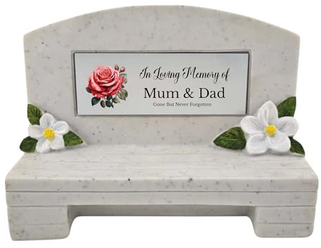 1stclassgifts In Loving Memory Of Memorial Bench With Plaque Grave Marker With Rose Design Mum Dad & Lots More White/Silver (UV PRINTED) (Mum & Dad)